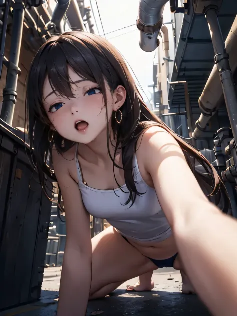 high-definition images, atmospheric perspective, 8k, super detail, accurate, best quality, angle from below, drooping eyes, ecstasy, sleeping face, straddling to hit her panties against the exposed pipe on the street, (at factory area), tiny earrings, long...