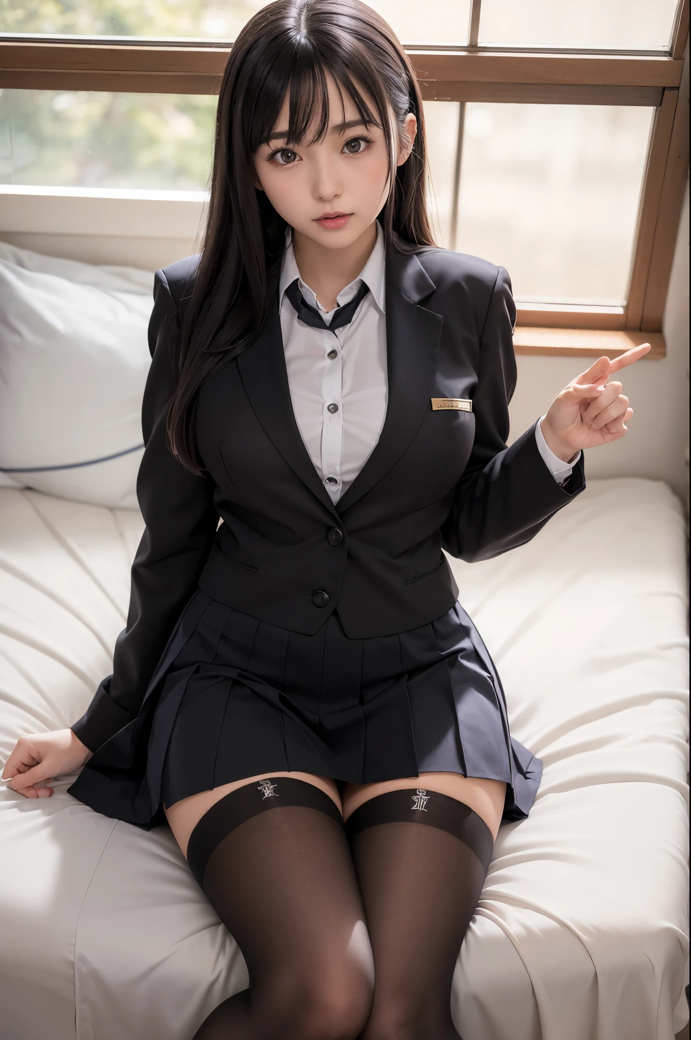 Arafed asian woman in a black suit and stockings sitting on a bed - SeaArt  AI