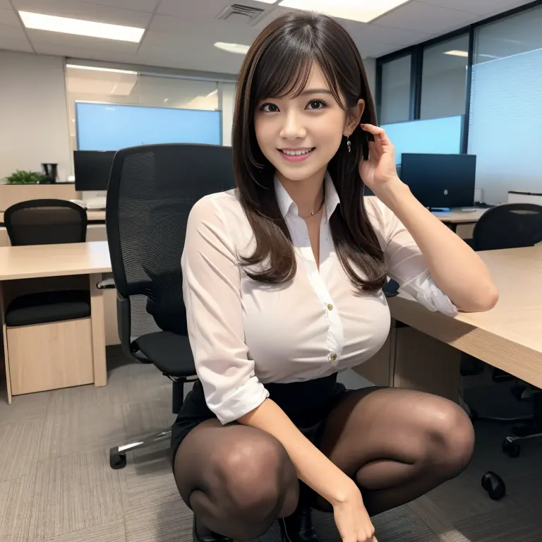 （ultra-detailliert、8k、Raw photo）、Solo、（A woman in her 30s wearing a Japanese company uniform）、s Office、Night、（black pantyhose）、s...