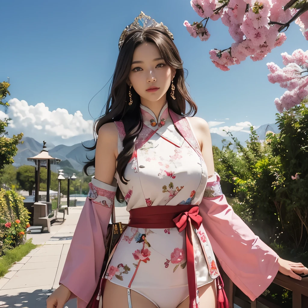 with blue sky and white clouds，mountain in the distance，pink flowers，cherry trees，Hanfeng girl,phoenix crown tiara、Dense embroidery、Wearing Hanfu pantyhose、wearing sleeveless Hanfu、You can clearly see the transparent pants、Look at the oversized breasts in panties and panties、raw,(8K、top-quality、tmasterpiece:1.8)、(intricate detailes:1.8)、(真实感:1.8)、octane renderings、Complex 3D rendering ultra detail, Studio Soft Light, edge light, vibrant detail, super detailing, realistic skin textures, Detail Face, beautidful eyes, Very detailed CG Unity 16k wallpaper, cosmetics, (detailedbackground:2.0), Skin glow、Spread your legs，camel toes showing thighs!!!、