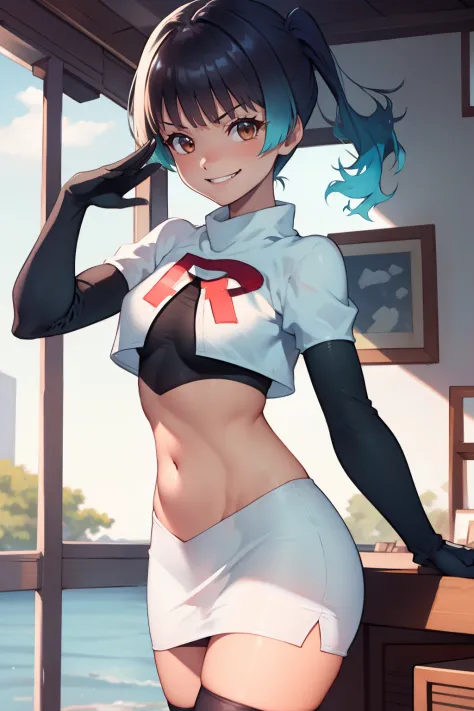 sena \(xenoblade\),tanned skin, side pony tail ,glossy lips ,team rocket,team rocket uniform, red letter R, white skirt,white crop top,black thigh-high boots, black elbow gloves , looking at viewer, evil smile, salute
