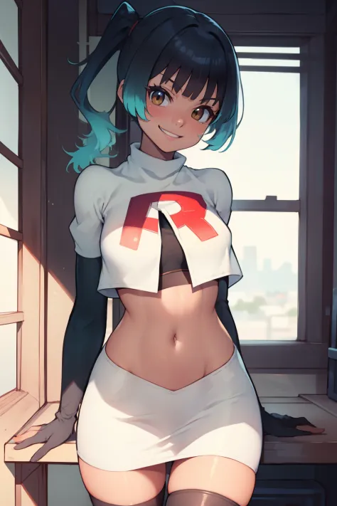 sena \(xenoblade\),tanned skin, side pony tail ,glossy lips ,team rocket,team rocket uniform, red letter R, white skirt,white crop top,black thigh-high boots, black elbow gloves , looking at viewer, evil smile, sexy pose