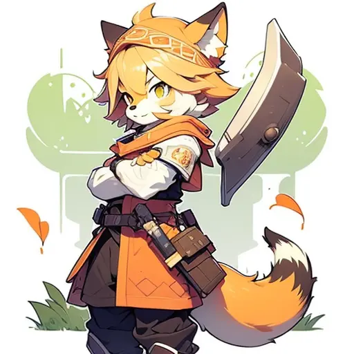 furry fury，Orange fox ears，Orange hair，Orange eye kernel，Wear body armor，Shota，Carrying a blue sword on his back，Take it，Wear bo...