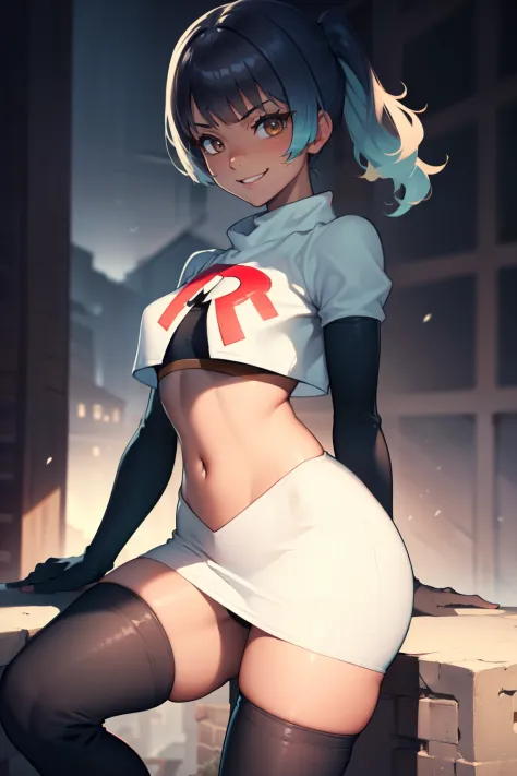 sena \(xenoblade\),brown skin, side pony tail ,glossy lips, light makeup ,team rocket,team rocket uniform, red letter R, white skirt,white crop top,black thigh-high boots, black elbow gloves , looking at viewer, evil smile, sexy pose
