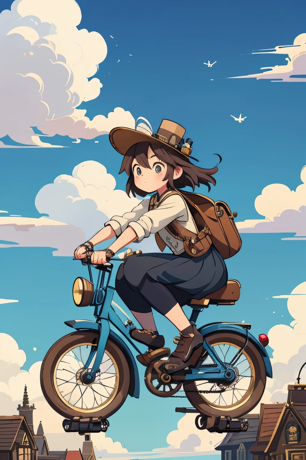 スチームパンク。一人の女の子。スチームパンク風の女子高生。クラシックな自転車に乗る。ビクトリア朝の町を駆け抜ける。ダイナミックアングル。背景には青い空と白い雲。