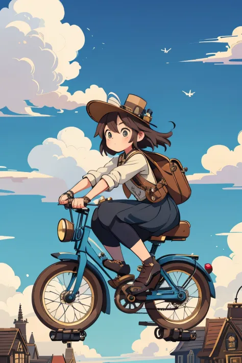 steampunkai。one girls。High school girl in steampunk style。riding a classic bicycle。A quick ride through a Victorian town。Dynamic angles。Blue sky and white clouds on background。