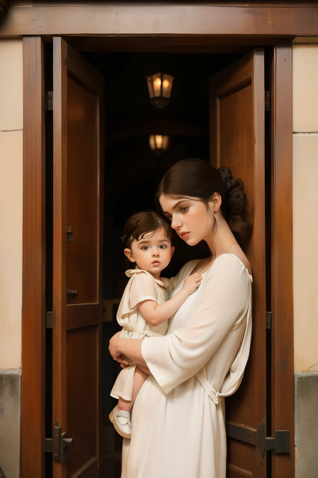 1144, Santiago de Compostela, Spain. otherworldly scene in a medieval street, outdoors, ((((24-year-old)) Alexandra Daddario)), with her son, a little ((baby boy)), ((((plain tunic gown from the 12th century)))), ((Hairstyle of the 12th century)), ((Wes Anderson cinematic style)), colorful