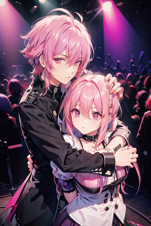 A pink haired handsome male rocker with violet eyes is hugging a fan behind the stage