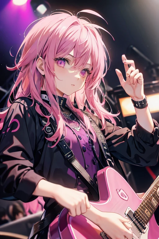 A pink haired handsome male rocker with violet eyes is playing guitar on the stage