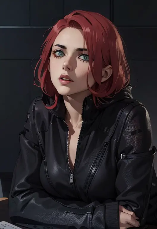 woman with red hair, in black clothes, about 30 years old