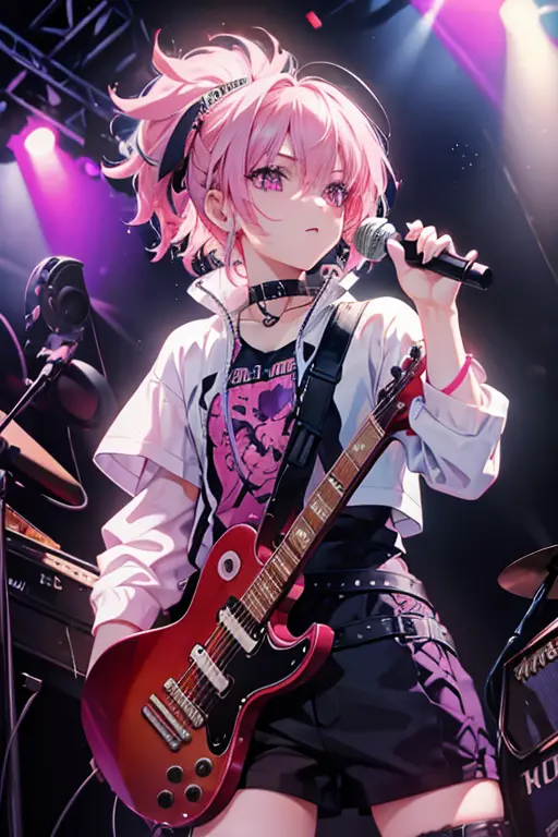 A pink haired handsome male rocker with violet eyes is playing guitar on the stage