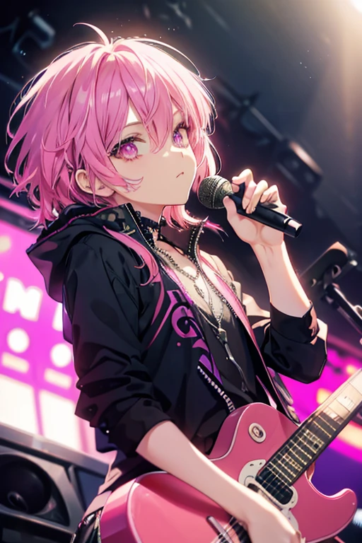 A pink haired handsome male rocker with violet eyes is playing guitar on the stage