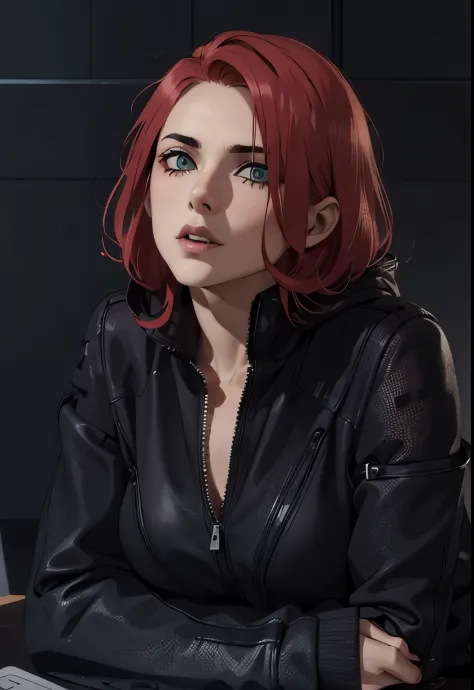 woman with red hair, in black clothes, about 30 years old