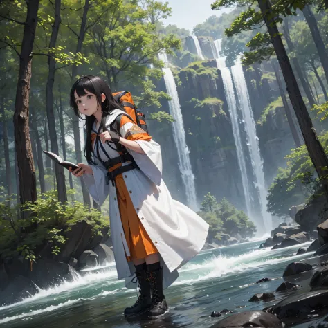 against the backdrop of forest and river, One young girl, stands in full growth, holds a magical grimoire in his right hand, dressed in a white robe with orange and blue patterns., Black Boots, On the back there is a black hiking backpack., Brown eyes, str...
