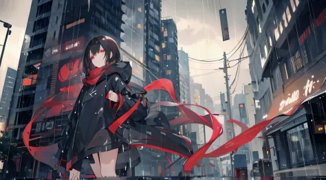 1 girl,natta,heavy rain poured,Manteau,guitar，black hair color hair，wine red eyeusy traffic on sky bridge，The feeling of loneliness，Hair is dull，vacant eyes，Wet hair，swoon，sad expressions，style of anime，in a panoramic view