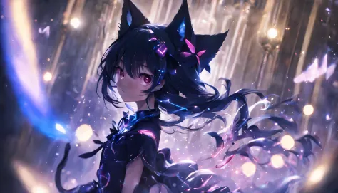 Wow wow panic,start track, Beautiful 19 year old dark magical girl plotting pranks, Dark magical girl costume, Lop, Cat ears, Skulls and horrors, Magical tattoos, A vibrant one, Magical particle effects, Volumetriclighting, Anti – Aliasing, colorgrading, b...