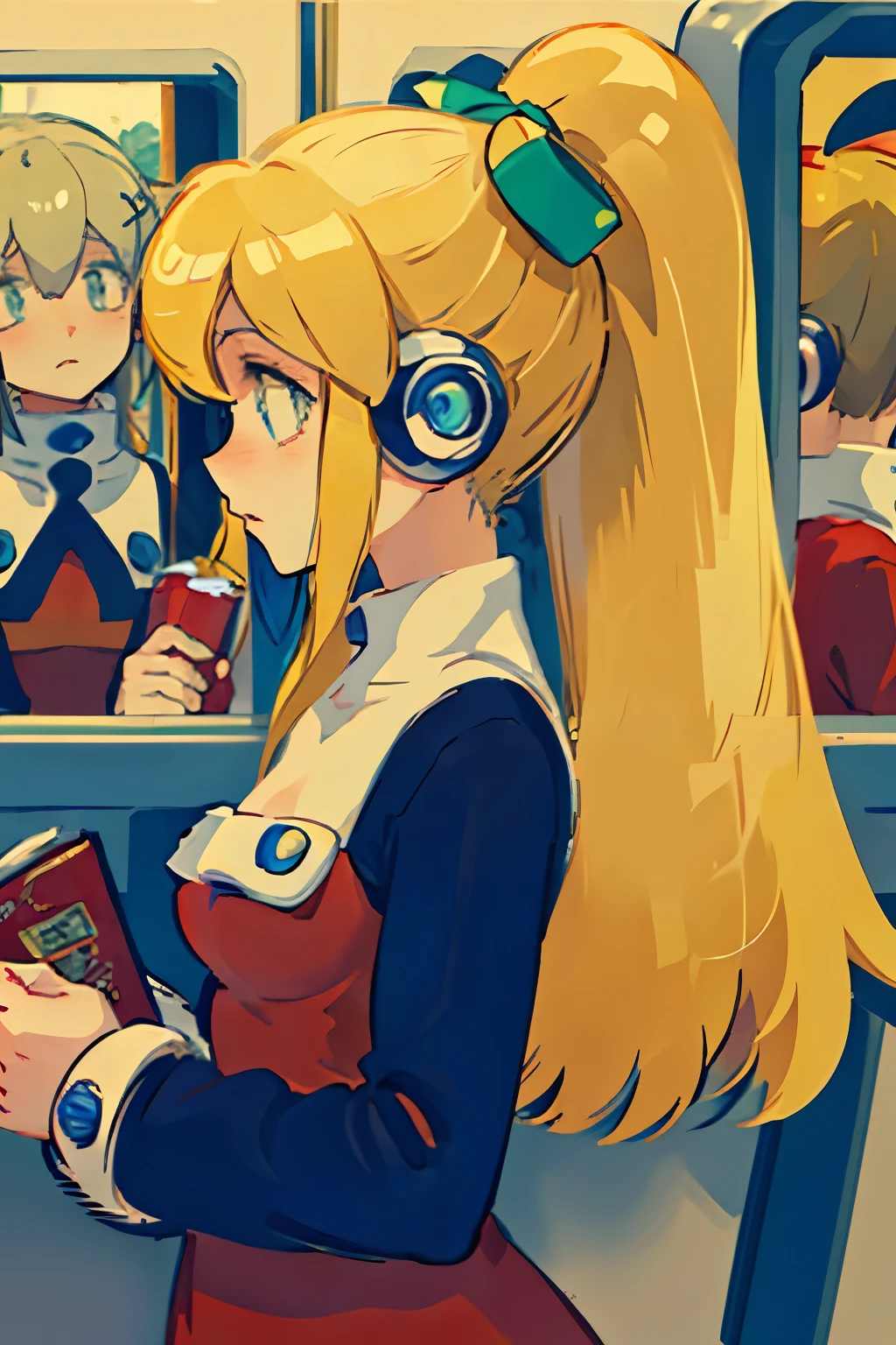 (masterpiece, sidelighting, ultra-detailed, finely detailed beautiful eyes: 1.2), 1girl, bag, building, looking melancholy, perky breasts, (roll from megaman), blonde hair, ponytail, from side, headphones, red dress, black shirt, long hair, straight hair, profile, blonde hair, solo, train, train interior, upper body, Masterpiece, best quality
