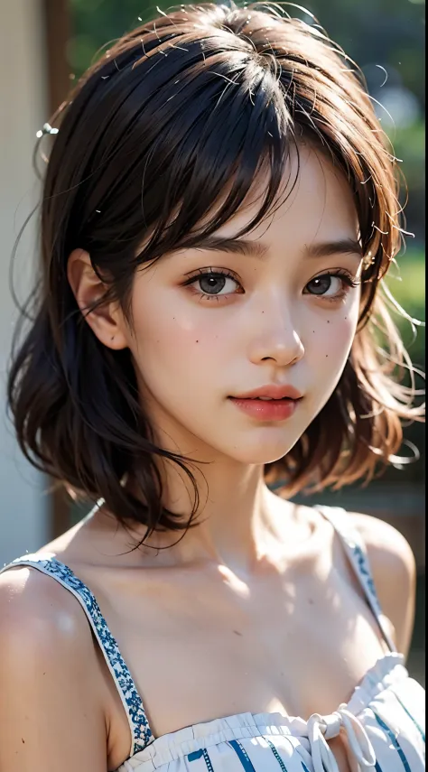 Best Quality, masutepiece, 超A high resolution, (Photorealistic:1.4), Raw photo, 1girl in, kｰpop idol, short-hair, Indoor, Summer noon,Detailed eyes,(realisticeyes),delicated face,realskin,detailed hairs,Detailed skin,Beautiful face,Smiling、((Beautiful hair...
