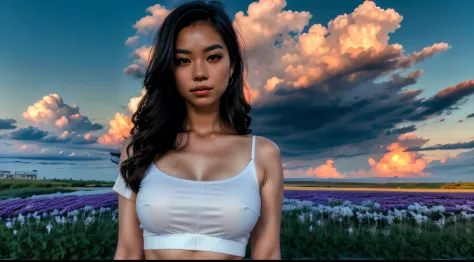 ((1 woman named Kimmie Miso)), ((full shot)), light contrast and hue:1.1, high surface:1.1, image quality:ultra hd:, dynamic angle, clouds and sea, field of flowers in the foreground, light tracking, informal art, unity 8k, masterpiece，best quality, gleami...