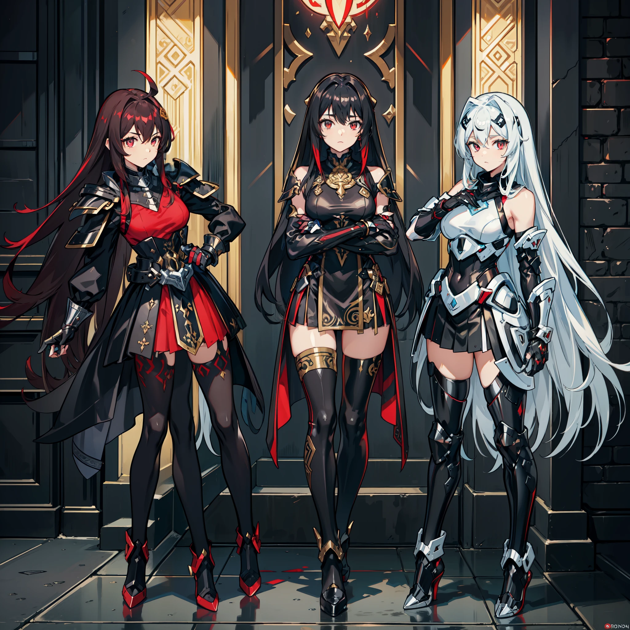 3 girls(((fully body))), standingn, many clothes, from head to toe (((three personagem))), Female One, (((darkskin))), a mix of technology and tribal, Black hair with ponytail, Light Blue Eyes, and the Light Blue frame, ((Black Metallic Gauntlets and Greaves with Red and Silver Highlights)), (((The clothes have a mix of modern and tribal))), having the majority of the color black, but having parts in red, Shoulders on Display, On the hip, a short that extends to mid-thigh in black, fully body.