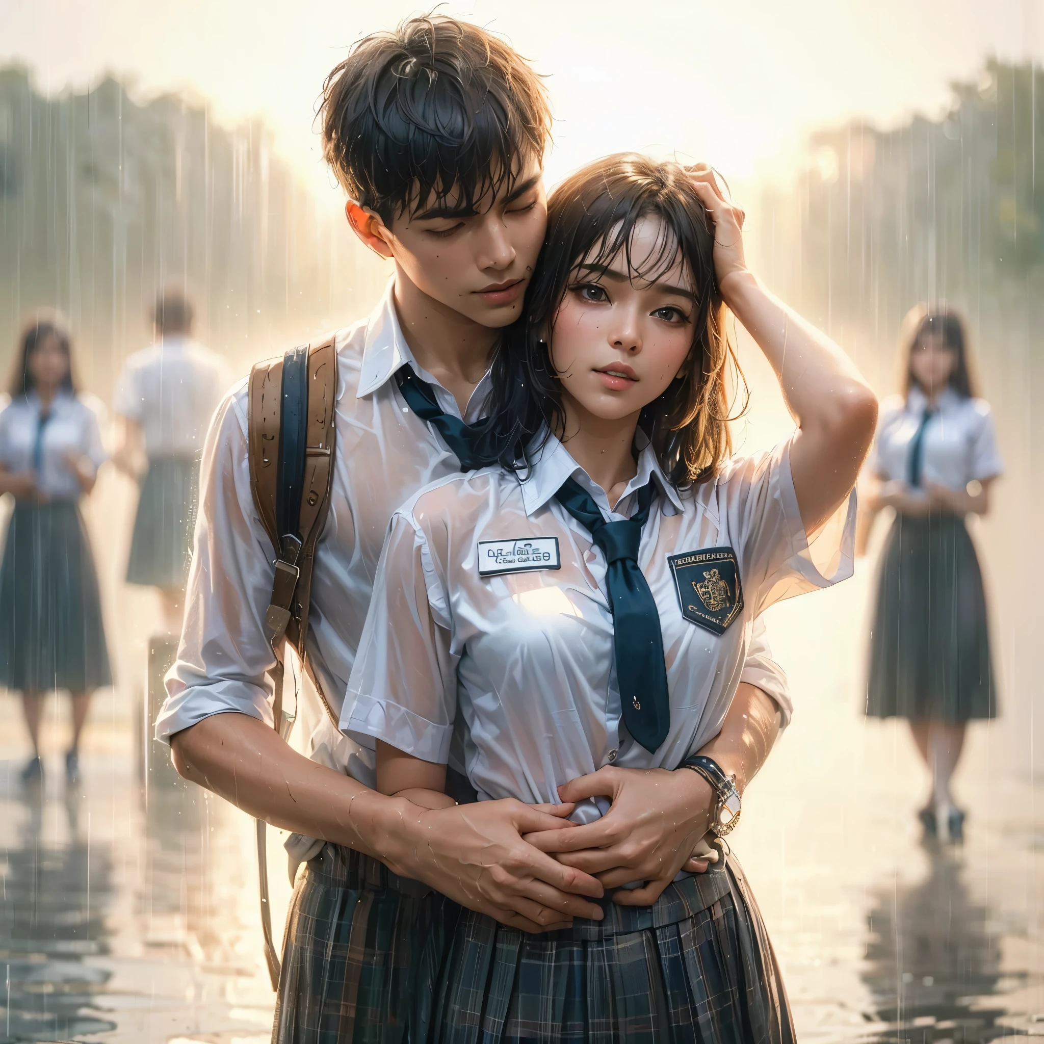 realistic art, there are (woman with large round breast wearing black luxury bra) and her (((handsome muscular short hair masculine alpha male boyfriend))) in a indonesian school uniform hugging in the rain, ((wet messy shirt show black bra under shirt)), wet skirt, pretty girl at school field, raining, thai girl, raining award winning photo, school girl, at evening, wet from rain, rainy wet, beautifull , hand behind head, masterpiece, best quality:1.2),,(8k,highres,RAW photo,realistic,photo-realistic:1.3),(detailed skin texture,detailed cloth texture,beautiful detailed face:1.25),professional lighting,photon mapping,beautiful soft light,radiosity,physically-based rendering,raytracing, model shoot style, model shoot style, (extremely detailed CG unity 8k wallpaper), full shot body photo of the most beautiful artwork in the world, ((nsfw))