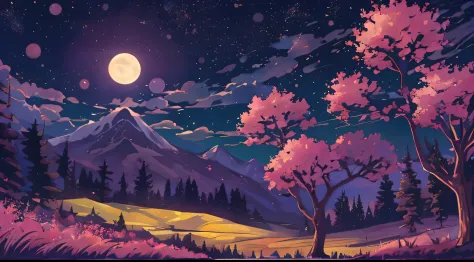 crie uma paisagem de uma noite bem escura com um ceu estrelado com arvores e montanhas , estilo 2d
