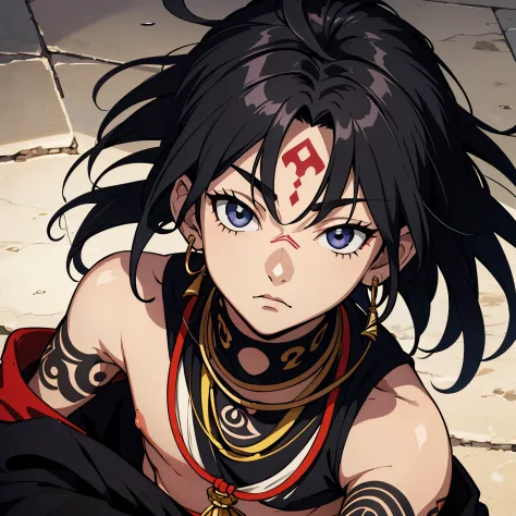 13 year old Tribal black haired boy with black eyes coveredvin tattoos wearing tribal clothes in hunter x hunter art style.