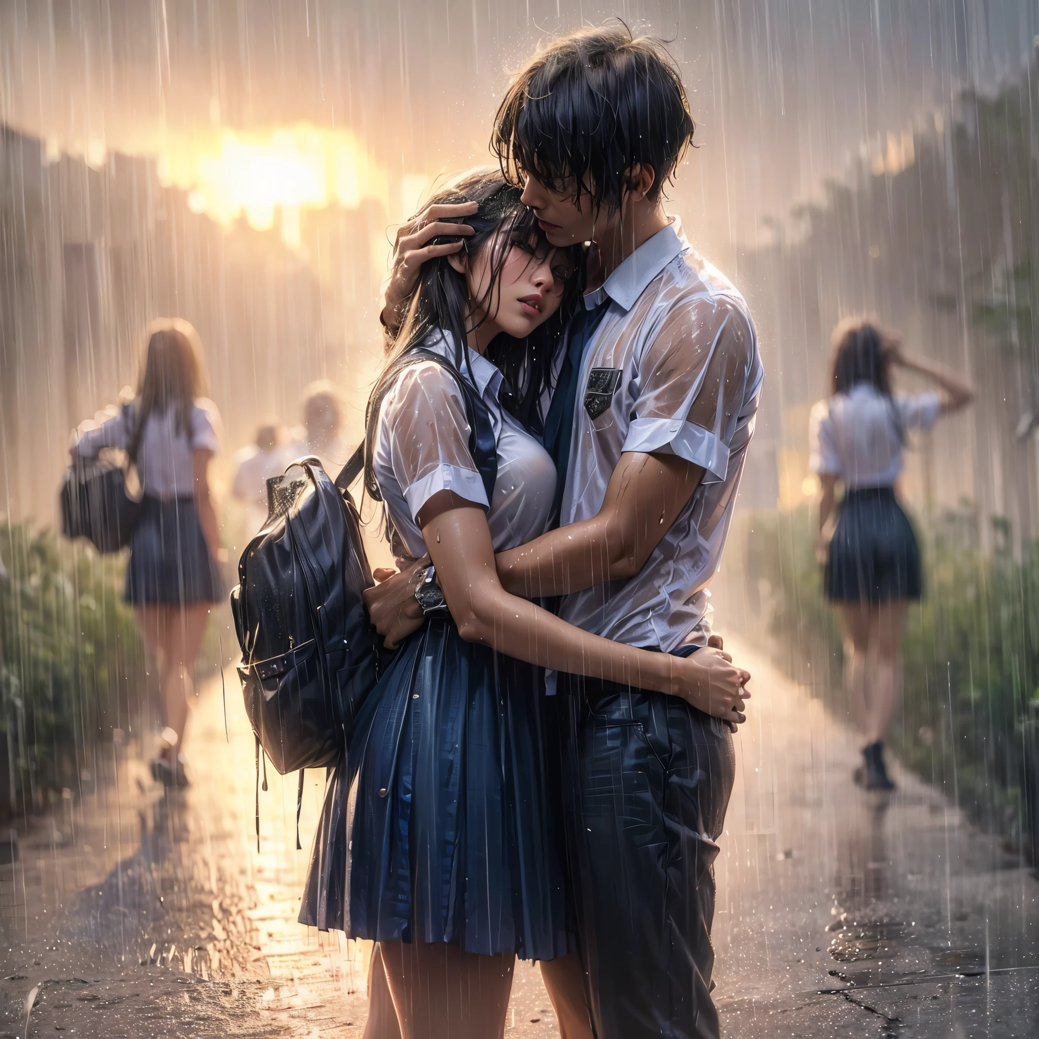 realistic art, there are (woman with large round breast wearing black luxury bra) and her (((handsome muscular short hair masculine alpha male boyfriend))) in a indonesian school uniform hugging in the rain, ((wet messy shirt show black bra under shirt)), wet skirt, pretty girl at school field, raining, thai girl, raining award winning photo, school girl, at evening, wet from rain, rainy wet, beautifull , hand behind head, masterpiece, best quality:1.2),,(8k,highres,RAW photo,realistic,photo-realistic:1.3),(detailed skin texture,detailed cloth texture,beautiful detailed face:1.25),professional lighting,photon mapping,beautiful soft light,radiosity,physically-based rendering,raytracing, model shoot style, model shoot style, (extremely detailed CG unity 8k wallpaper), full shot body photo of the most beautiful artwork in the world, ((nsfw))