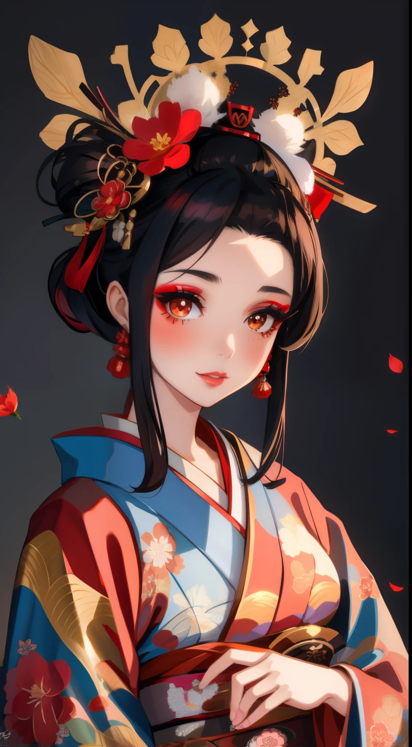Alafi con un kimono con un tocado de flores rojas., Maquillaje de geishas, retrato de geisha画, Maquillaje de geishas, retrato de geisha, Geisha de belleza, geisha japonesa, geisha glamorosa y sexy, 美しいretrato de geisha画, retrato de geisha, peinado de geisha, remarkable Maquillaje de geishas