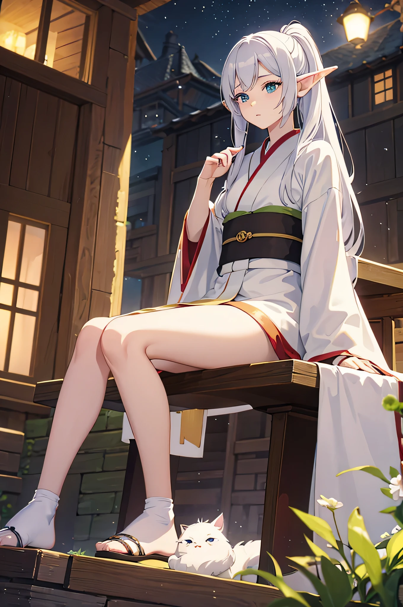 Long white hair，dual horsetail，tiny faeries，in a kimono,small tit，sitting on a bench. Her hands were on her legs, Side sitting. The point is from the front, Highlight her thick thighs，The background is evening，There are fireworks，there is a celebration. Light particles and rays enhance the scene