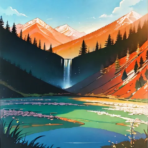 a colorful waterfall in the mountains with rainbows