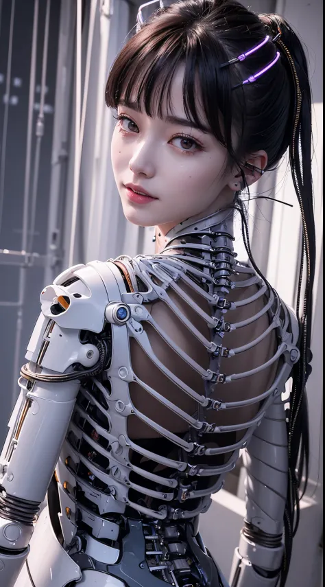 (((masterpiece)))、((quality))、(the ultra-detailed)、8K、(Very noble and beautiful))、电影灯光、((1 mechanical girl))、look here、White ceramic body、a purple eye、Colossal tits、Cracks are visible、Single、(Mechanical joint:1.4)、((Mechanical limb))、(The blood vessels are...
