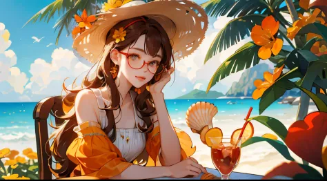 absurderes，A high resolution，ultra - detailed，1girl，独奏，Very detailed eyes，starfish，sea shell，sea shell，florals，Hats，hair adornments，jewely，using Headphones，looking at viewert，sun glasses，Cap flower，drinking straw，hair pin，blurry foreground,, Red flowers, c...
