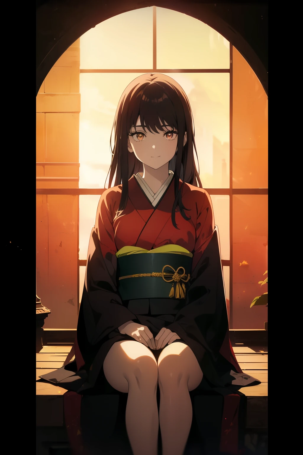 ((((Obra maestra, La mejor calidad, ultrahigh resolution)))), 1girl, sitting on steps outside, ((wearing a red kimono)), long hair cut, pale skin, ((brown eyes)), (glowing_eyes, luminescent eyes), (ultra detailed eyes:0.7, beautiful and detailed face, detailed eyes:0.9), ((centered)), smile, ((wide shot)), facing viewer, (((vibrant background of outside, sunset, bright lighting, summer, sunlight))), flat chested, looking at viewer, ((perfect hands)), ((head:1, hips, elbows, arms, in view)), ((hands behind back)), beautiful lighting, defined subject, (13 years old), ((cool looking)), ((slight breeze in hair, vintage sun glare))