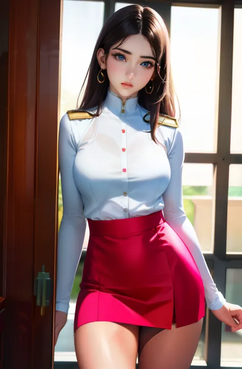 1girl in, sayla mass, Elegant, masutepiece, Convoluted, Army pink uniform dress with a super miniskirt so short you can almost see your pants............、Pure white panties、Please squat down and show me your white panties............、Super miniskirt You ca...