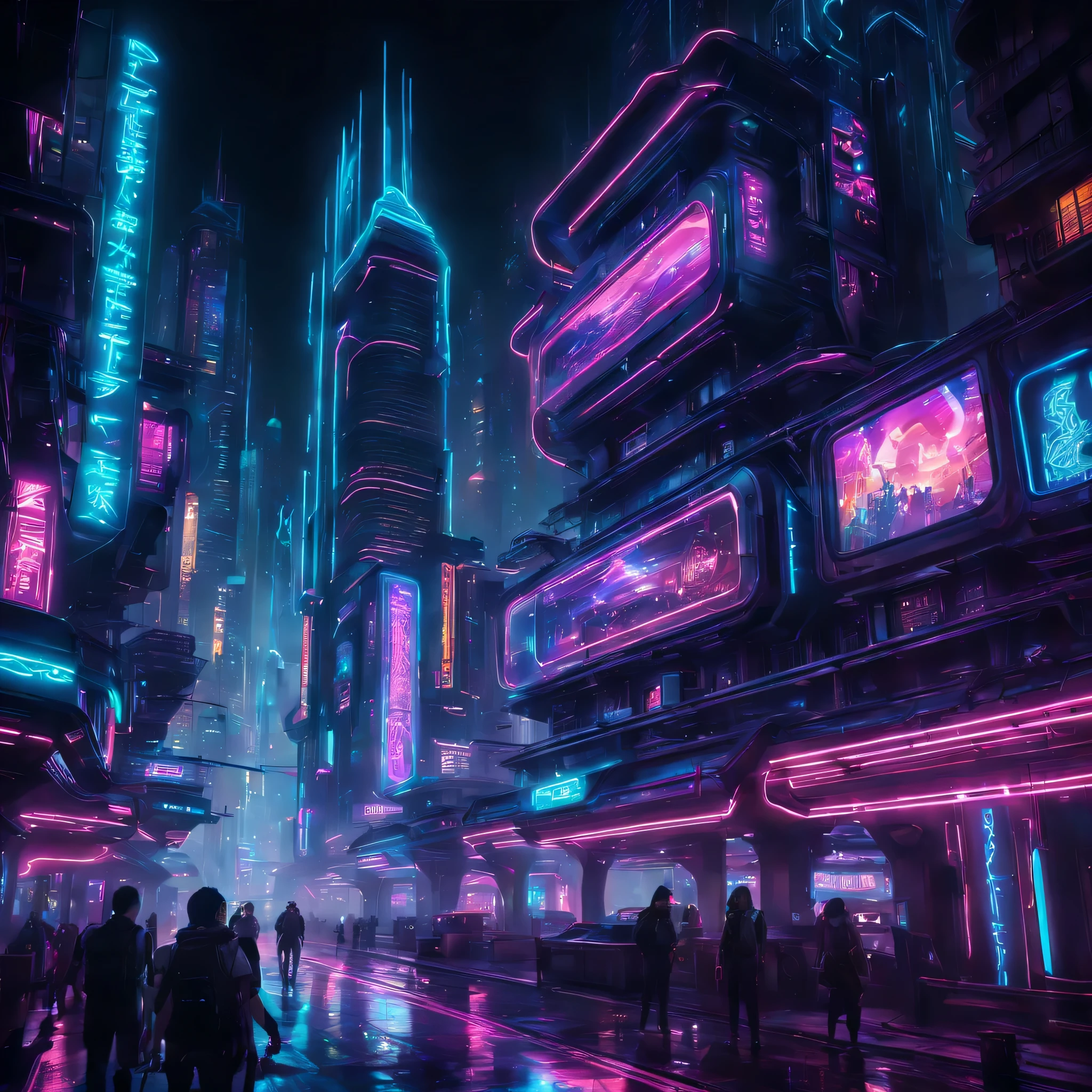 arte por mooncryptowow, Nas ruas iluminadas por neon de uma cidade noturna cyberpunk, uma exibição hipnotizante de arquitetura futurista e luzes deslumbrantes cria uma atmosfera eletrizante e envolvente. A estrutura dinâmica é evidente à medida que a paisagem urbana interage com os vibrantes elementos cyberpunk, resultando em uma cena visualmente cativante e evocativa que incorpora o ... essência de um ambiente tecnologicamente avançado e visualmente deslumbrante.