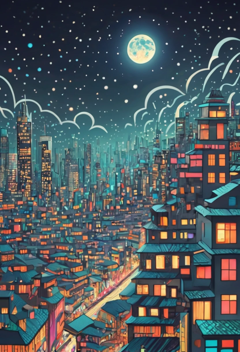 (best quality,4k,highres,masterpiece:1.2),ultra-detailed,(realistic:1.37),City Night View in a zentangle style,architecture,streets,crowded,neon lights,twinkling stars,detailed windows,vivid colors,dreamlike atmosphere,zigzag patterns,sharp lines,black and white combination,tangled buildings,surrealistic,night sky,glowing moon,contrast between lights and shadows,creativity,unique style,meticulous attention to details,expressive strokes,urban landscape,mysterious vibes,imagination,enchanted scene,nighttime hustle and bustle,thousands of windows shining bright,humming city life,long exposure effect,skyscrapers reaching for the sky,abstract patterns,creative interpretations,urban symmetry,zigzag rooftops,glowing skyscrapers,limited color palette,zentangle influences,cityscape at night,tranquil ambiance,moonlit scenery.