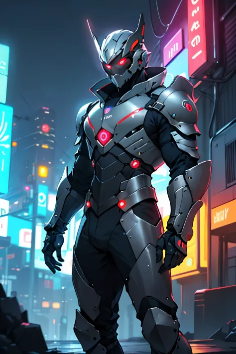 An amazingly scary warrior, (A high resolution,HighDynamicRange,Detailed medieval armor with neon lights and control arms, ((sci-fy, A futuristic))