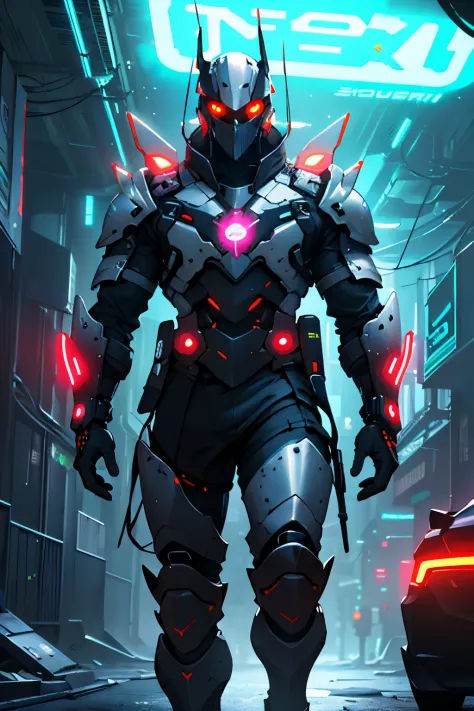 An amazingly scary warrior, (A high resolution,HighDynamicRange,Detailed medieval armor with neon lights and control arms, ((sci-fy, A futuristic))