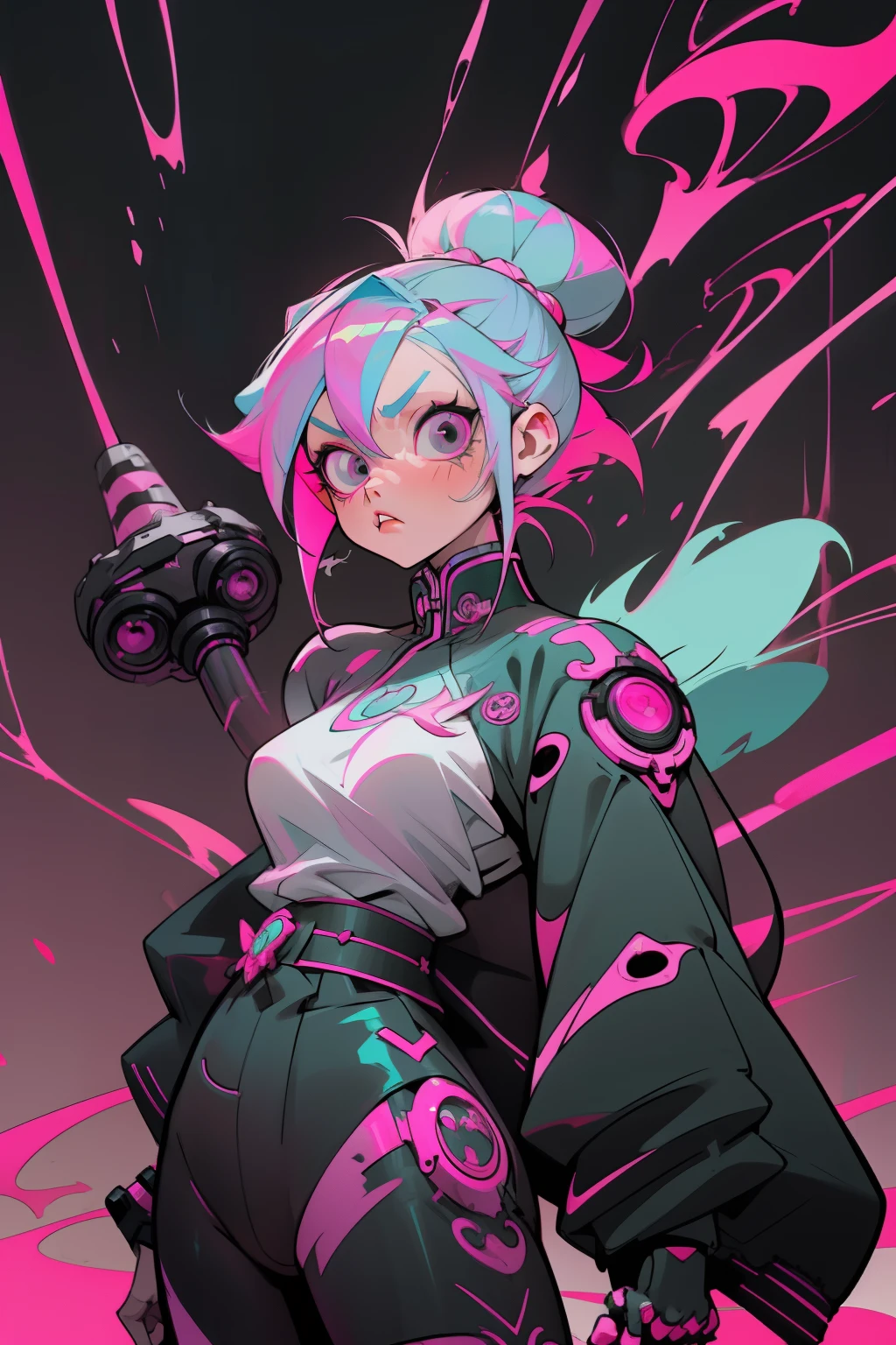 anime girl with pink hair and black eyes holding a bat, rossdraws cartoon vibrant, cyberpunk art style, digital cyberpunk anime art, anime cyberpunk art, anime style 4 k, :: rossdraws, cyberpunk artstyle, cyberpunk anime art, demon slayer artstyle, neonpunk, demon slayer rui fanart, cyberpunk anime girl, anime styled digital art, female cyberpunk anime girl