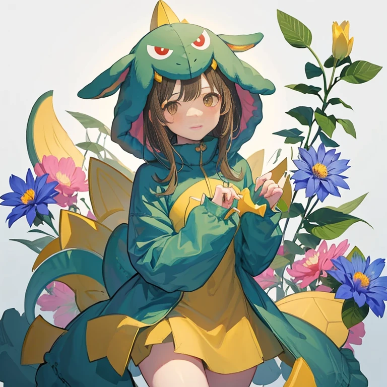 Gaogao-nichka, 1girl in, Solo, Bangs, Brown hair, hoods, , hedgehog costume, Brown eyes, tusk,
Holding, Holding hair, Solo, artist name, Backlighting, blue flower, close-up, daisy, flower, instagram username, pale color, pixiv ID, Portrait,  Background, Twitter username, white Background, white flower, yellow flower