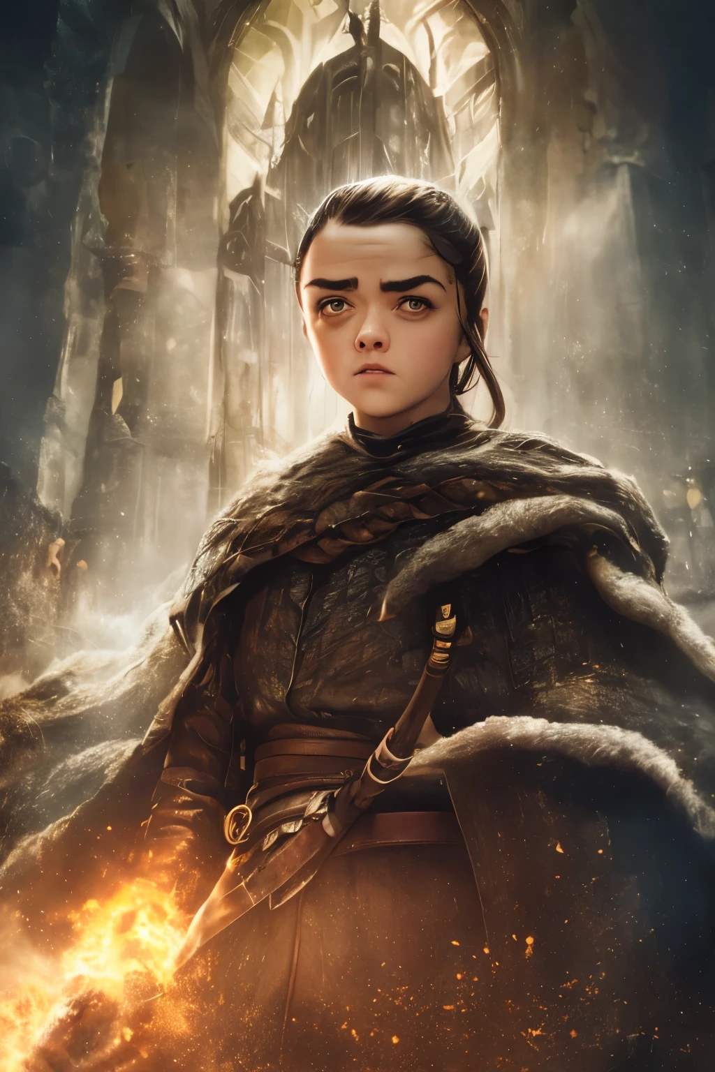 cinematic poster, Arte centrada, 1 girl, sozinho, ((sozinho)), (((only one character))),  Arya Stark in dynamic pose, Rosto de Maisie Williams, rosto de Arya Stark, fantasia de arya stark, Roupas de Arya Stark, A Guerra dos Tronos,,  A Guerra dos Tronos, Gothic colors, climate of tension and terror, Adobe Illustration, trending on ArtStation, 8k, disco Rigido , master part, arte linda, detalhes intrincados.