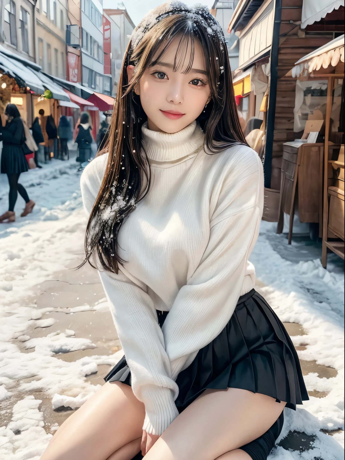 (8K,masutepiece, Raw photo,Best Quality:1.4),(photographrealistic:1.2),(extremely Detailed face),(Shiny skin),(Detailed skin),(Detailed face),(Extremely beautiful face),1girl in,Looking at Viewer,Japanese ido(actor hair,Medium Hair,Straight hair,asymmetrical bangs,Smile,glamor,Large breasts, (white fleece jacket, Black turtleneck sweater, Black pleated skirt:1.2), Christmas Market, (there is snow on the ground:1.3),High Position,Professional Lighting