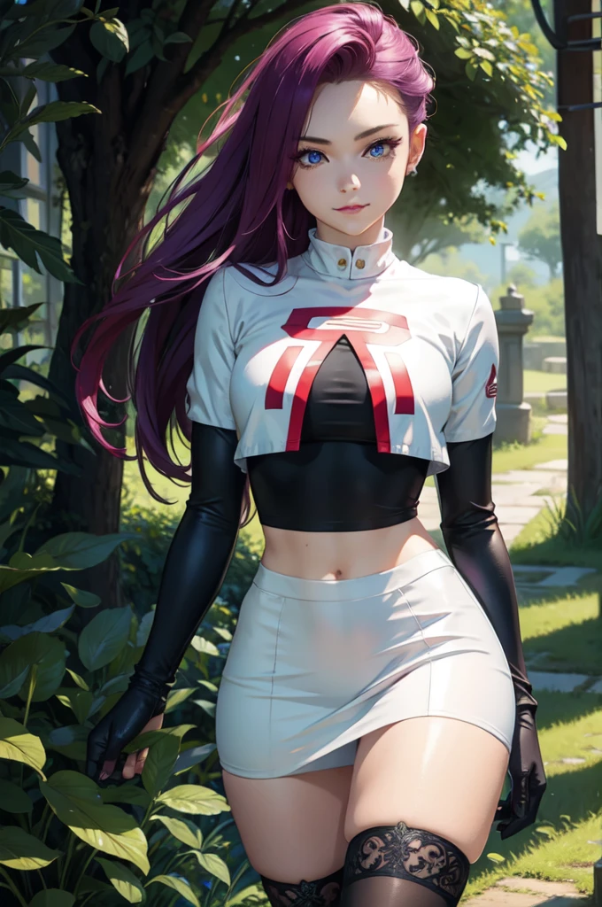 (masterpiece:1.0), (ultra detailed:1.2),(intricate, beautiful detailed), 1 girl, Jessie Pokemon, team rocket ,team rocket uniform ,white skirt,crop top,thighhighs,elbow gloves, hair slicked back, long hair,purple hair,blue eyes,Forest, yard, sadistic smile, realistic,