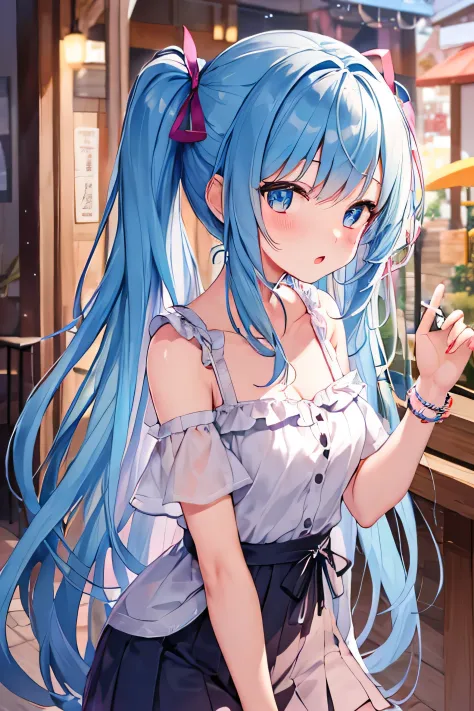 ​masterpiece、Top image quality、超A high resolution、miku hatsune、blue hairs、Twin-tailed、Blushing、mock、Open your mouth just a little、dressed casually、casual miniskirt、amusement park、Japan