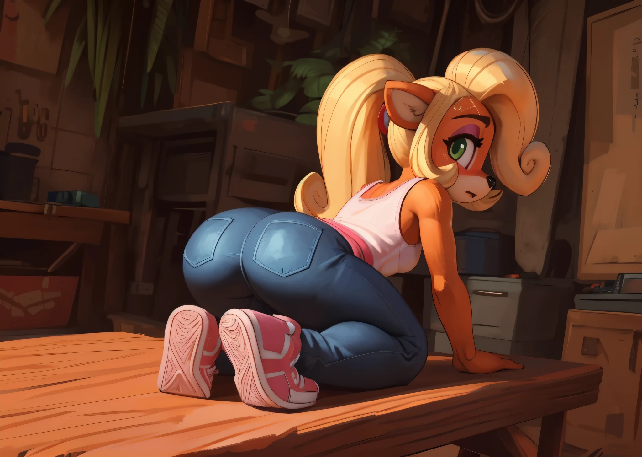[Coco bandicoot], [Uploaded to e621.net; (Pixelsketcher), (wamudraws)], ((masterpiece)), ((HD)), ((solo portrait)), ((full body)), ((back view)), ((feet visible)), ((furry; anthro)), ((detailed fur)), ((detailed shading)), ((beautiful render art)), ((intricate details)), {anthro; orange fur, black nose, (cute green eyes), (short eyelashes), (pink eyeshadow), (long blonde curly hair), (curvy hips), (detailed back), (beautiful legs), (blushing), (sweat on forehead), (surprised expression)}, {(white tank top pink lining), (butt-crack), (tight jeans), (pink sneakers)}, {(all fours), (bending over), (looking back), (looking at viewer)}, [background; (tropical forest), (garage), (workbench), (blue sky), (ambient lighting)]