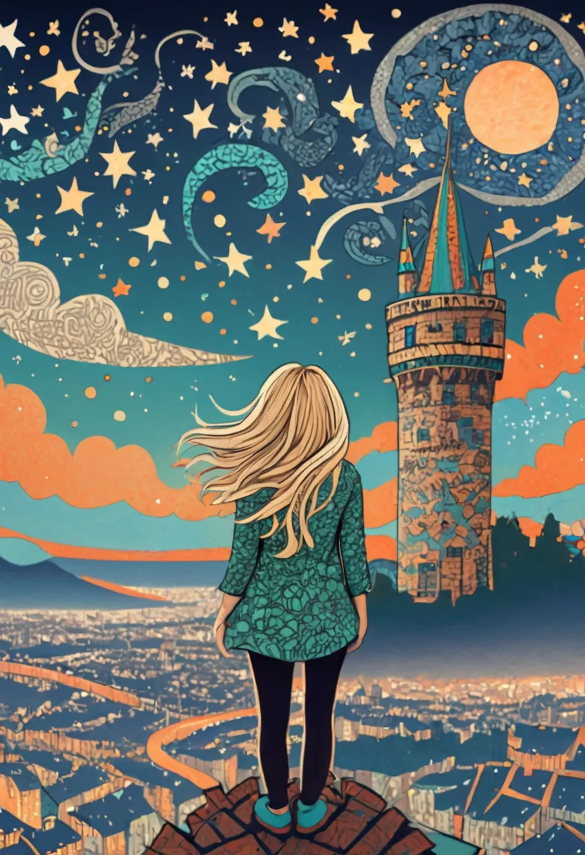 The stars , City Night View in a zentangle style. a blond woman standing on a tower looking at a star filled sky, detailed big c...