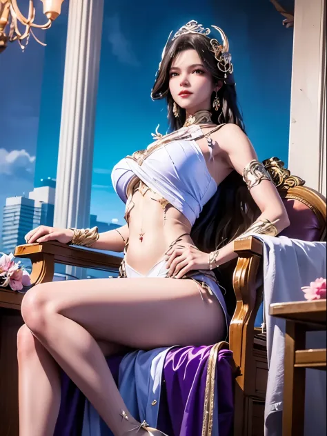 A young woman, Wearing a flowing white bikini , Long black hair hanging down her back. She wears a crown studded with precious stones, White lace wrapped around her abdomen, revealing her belly. She sits elegantly in the bustling city, In front of the bloo...