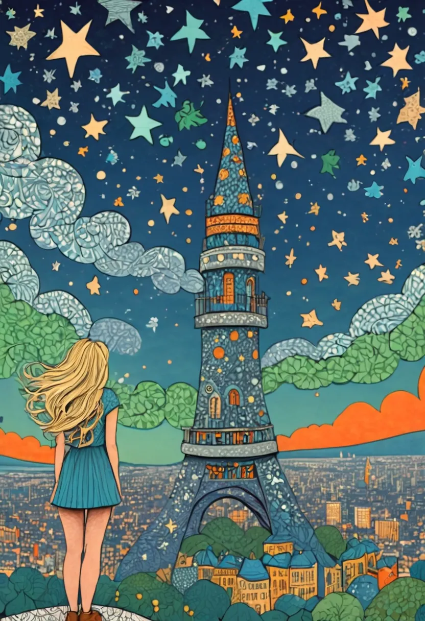 The stars , City Night View in a zentangle style. a blond woman standing on a tower looking at a star filled sky, detailed big c...