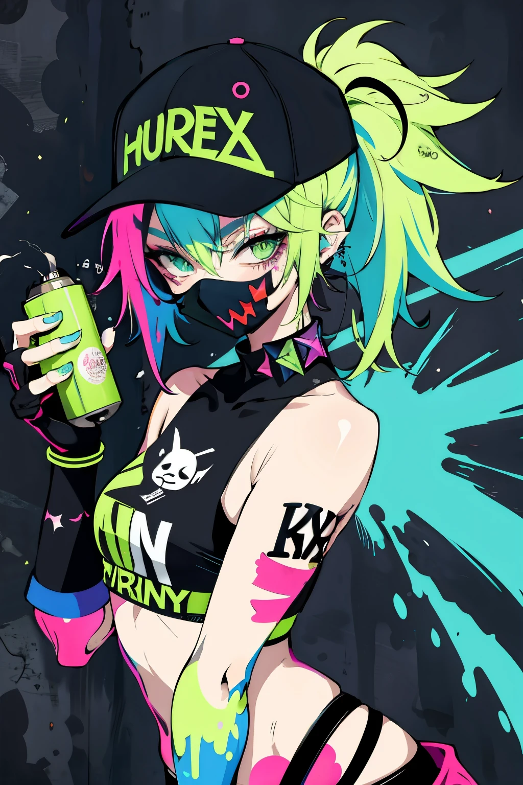 anime slim girl with a cap and a mask, thin face, holding a spray can, green messy hair, street background in neon pink and blue colors, stickers, smirk face, harley vibe, bad girl